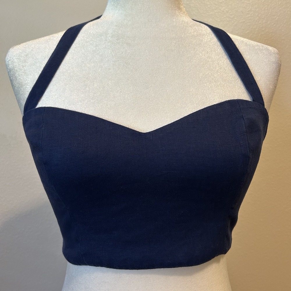 Reformation Orzo Linen Crop Top Size 2 Navy Sleeveless Halter Smocked Coastal